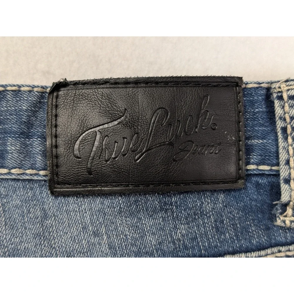 True Luck Mens Straight Leg Jeans 34 / 32 Distressed Embroidered Blue